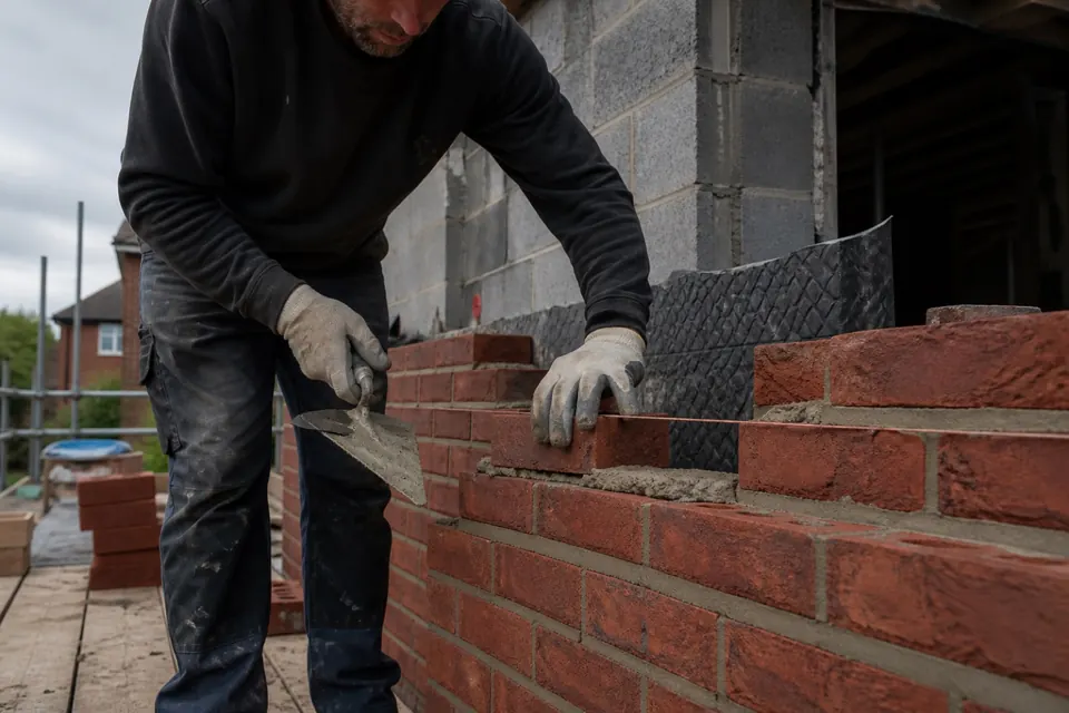 Illustrative photograph of a bricklayer setting a brick into a fresh mortar bed