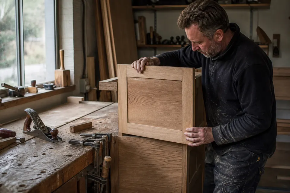 Illustrative photograph of a carpenter measuring timber at a workbench