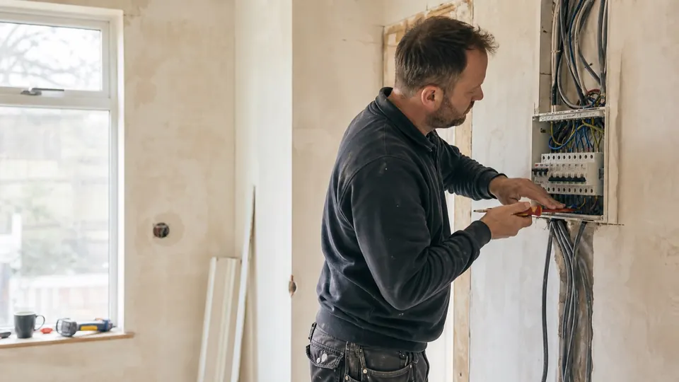 Illustrative photograph of an electrician working on a domestic consumer unit