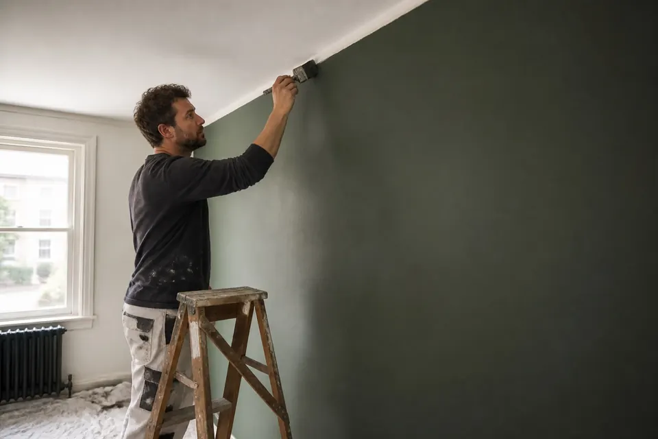 Illustrative photograph of a painter applying a neat finish to an interior wall