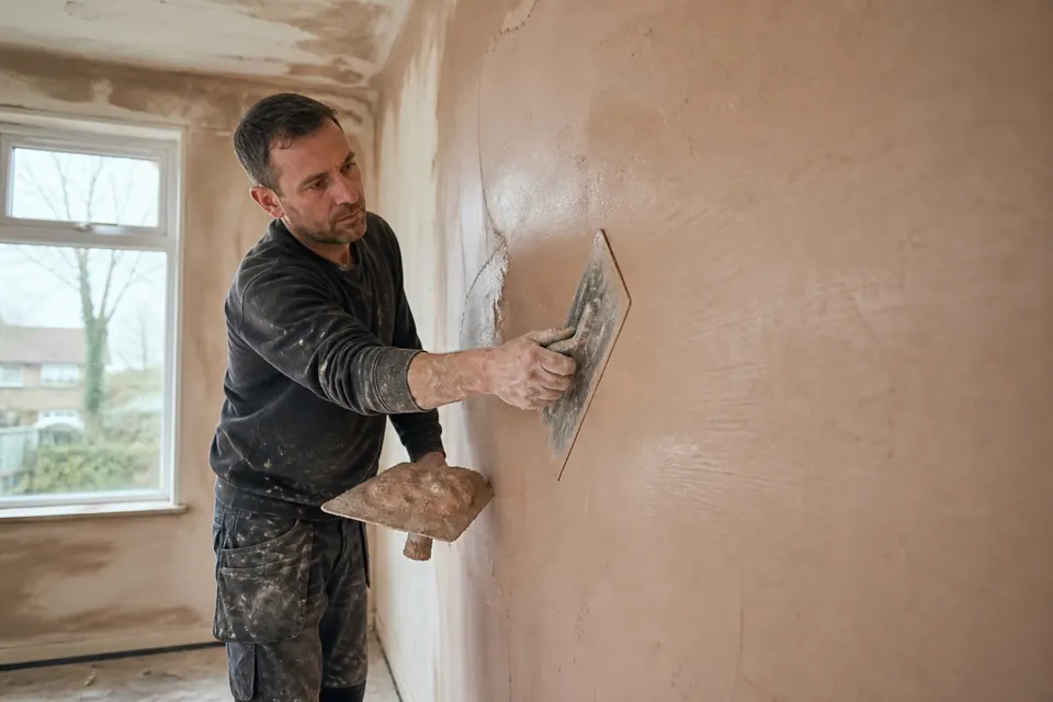 Illustrative photograph of a plasterer smoothing a freshly coated interior wall