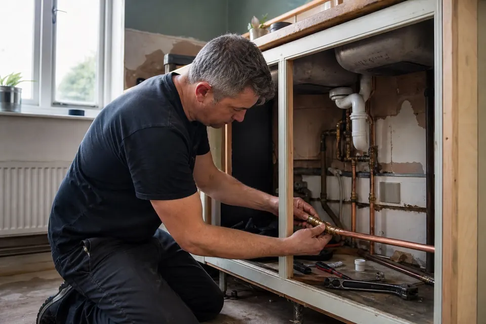 Illustrative photograph of a plumber fitting pipework beneath a sink